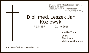 Traueranzeige von Leszek Jan Kozlowski von HZ