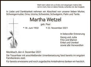 Traueranzeige von Martha Wetzel von HZ