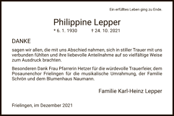 Traueranzeige von Philippine Lepper von HZ