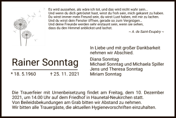 Traueranzeige von Rainer Sonntag von HZ