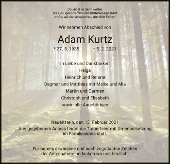 Traueranzeige von Adam Kurtz von HZ