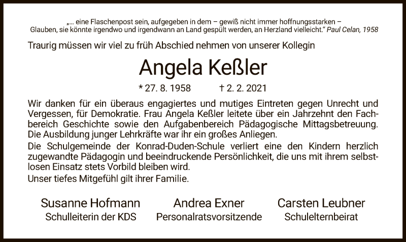  Traueranzeige für Angela Keßler vom 13.02.2021 aus HZ