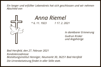 Traueranzeige von Anna Riemel von HZ
