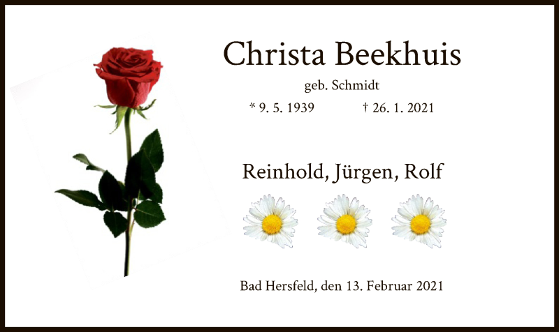  Traueranzeige für Christa Beekhuis vom 13.02.2021 aus HZ