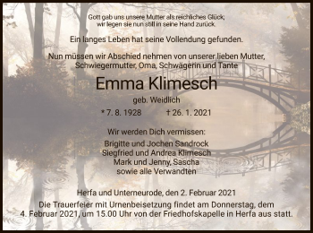 Traueranzeige von Emma Klimesch von HZ