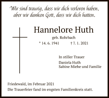 Traueranzeige von Hannelore Huth von HZ