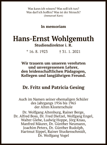 Traueranzeige von Hans-Ernst Wohlgemuth von HZ