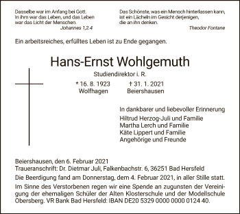 Traueranzeige von Hans-Ernst Wohlgemuth von HZ