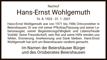 Traueranzeige von Hans-Ernst Wohlgemuth von HZ