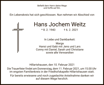 Traueranzeige von Hans Jochem Weitz von HZ