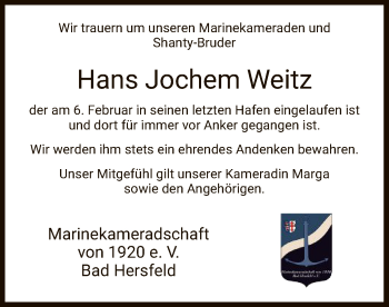 Traueranzeige von Hans Jochem Weitz von HZ