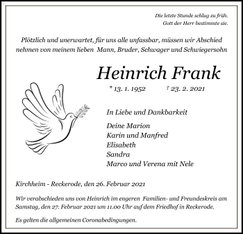 Traueranzeige von Heinrich Frank von HZ