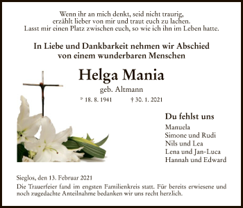 Traueranzeige von Helga Mania von HZ