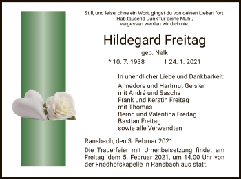 Traueranzeige von Hildegard Freitag von HZ