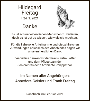 Traueranzeige von Hildegard Freitag von HZ