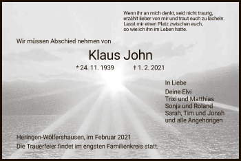 Traueranzeige von Klaus John von HZ