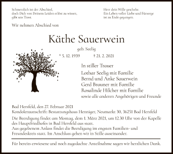 Traueranzeige von Käthe Sauerwein von HZ