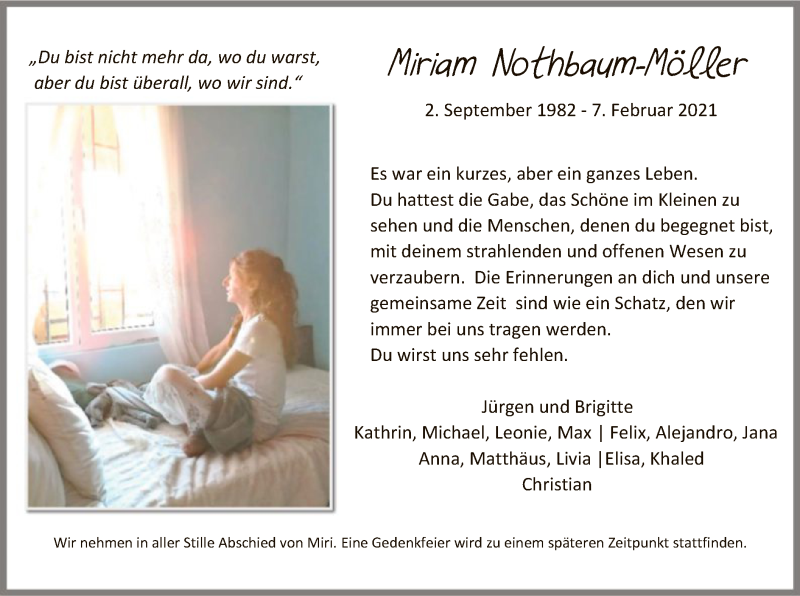 Traueranzeige für Miriam Nothbaum-Möller vom 09.02.2021 aus HZ