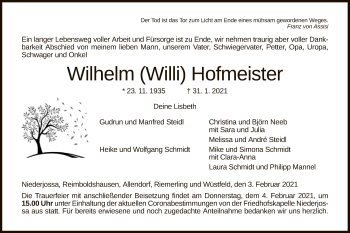 Traueranzeige von Wilhelm Hofmeister von HZ