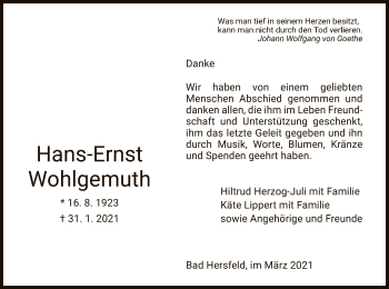 Traueranzeige von Hans-Ernst Wohlgemuth von HZ