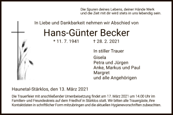 Traueranzeige von Hans-Günter Becker von HZ