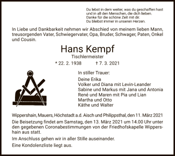 Traueranzeige von Hans Kempf von HZ