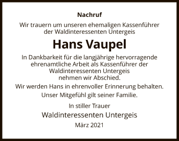 Traueranzeige von Hans Vaupel von HZ