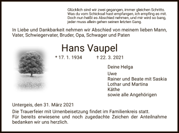 Traueranzeige von Hans Vaupel von HZ