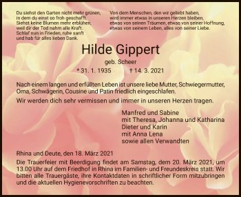 Traueranzeige von Hilde Gippert von HZ