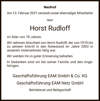 Traueranzeige von Horst Rudloff von HZ
