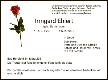 Traueranzeige von Irmgard Ehlert von HZ