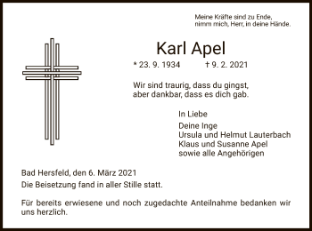 Traueranzeige von Karl Apel von HZ