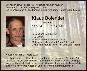 Traueranzeige von Klaus Bolender von HZ