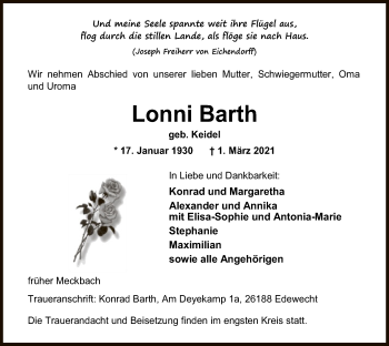 Traueranzeige von Lonni Barth von HZ