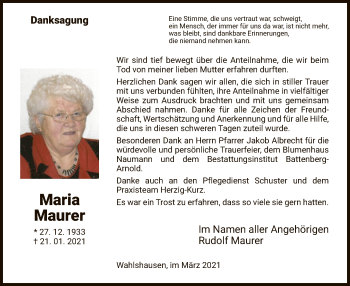 Traueranzeige von Maria Maurer von HNA