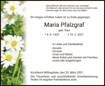 Traueranzeige von Maria Pfalzgraf von HZ