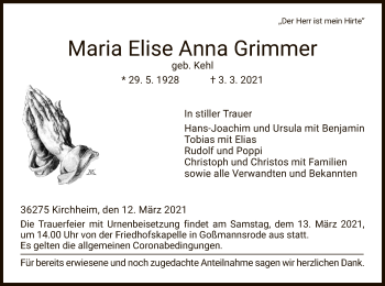 Traueranzeige von Maria Elise Anna Grimmer von HZ