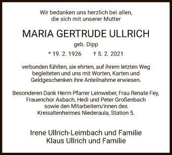 Traueranzeige von Maria Gertrude Ullrich von HZ