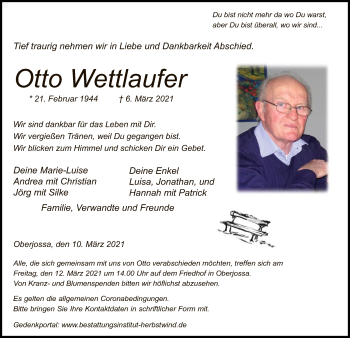 Traueranzeige von Otto Wettlaufer von HZ