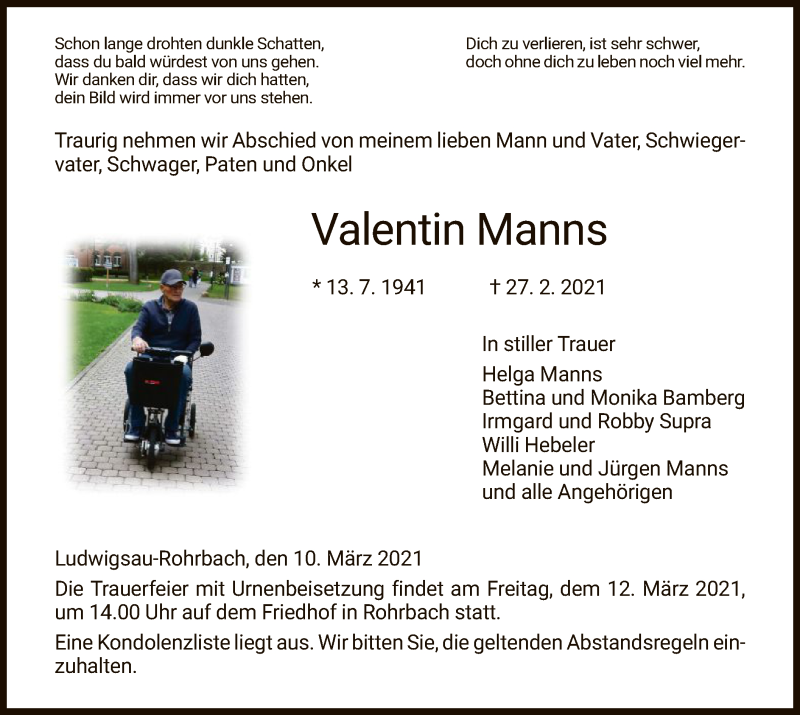  Traueranzeige für Valentin Manns vom 10.03.2021 aus HZ