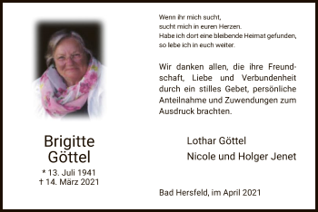 Traueranzeige von Brigitte Göttel von HZ