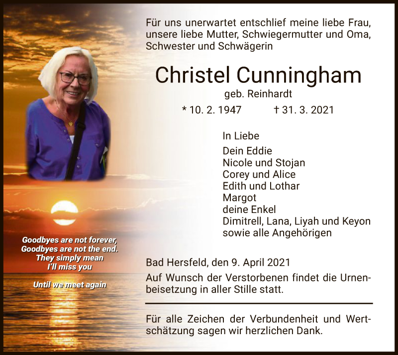  Traueranzeige für Christel Cunningham vom 09.04.2021 aus HZ