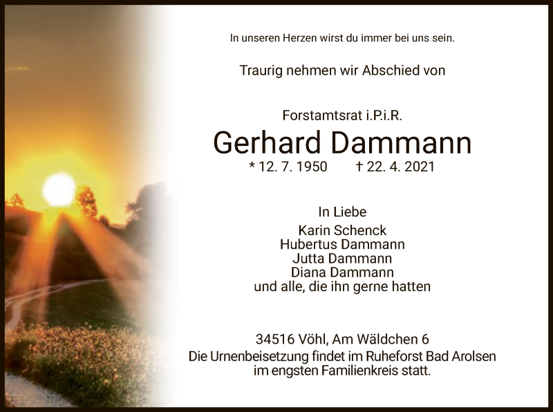  Traueranzeige für Gerhard Dammann vom 30.04.2021 aus HZ