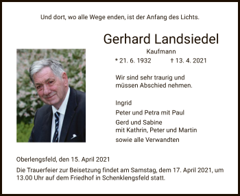 Traueranzeige von Gerhard Landsiedel von HZ