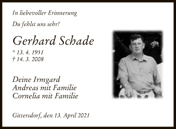 Traueranzeige von Gerhard Schade von HZ