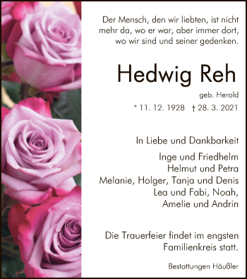 Traueranzeige von Hedwig Reh von HZ