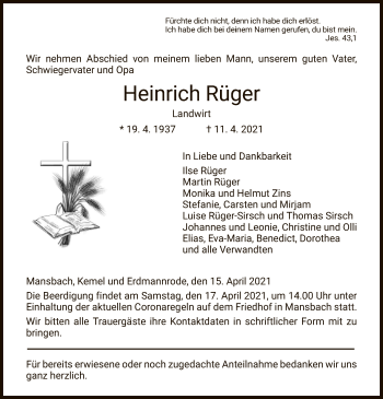 Traueranzeige von Heinrich Rüger von HZ