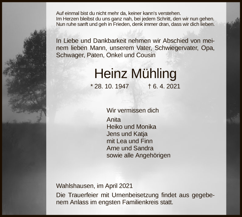  Traueranzeige für Heinz Mühling vom 14.04.2021 aus HZ