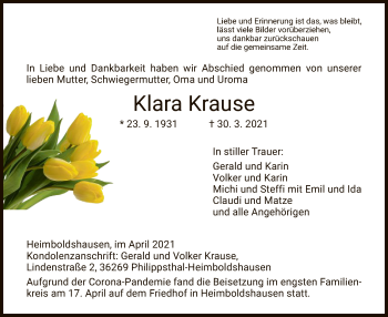 Traueranzeige von Klara Krause von HZ