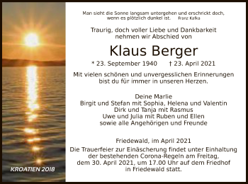 Traueranzeige von Klaus Berger von HZ